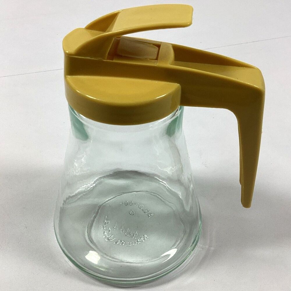 Vintage Androck Glass Syrup Dispenser Gold Lid Honey Pitcher Diner USA MCM - Picture 3 of 12